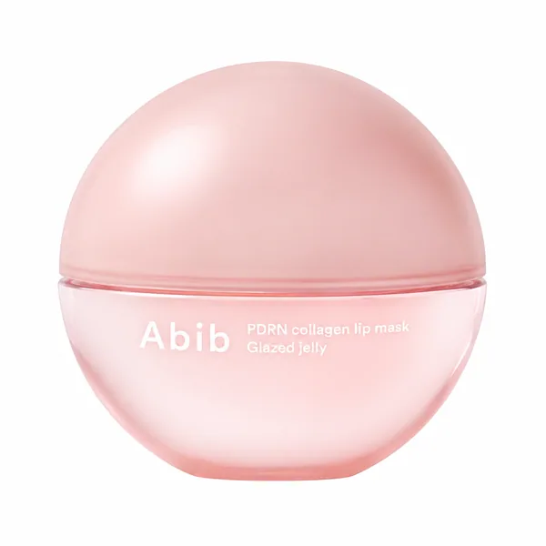 Abib PDRN Collagen Lip Mask Glazed Jelly, frasco rosa en forma de esfera sobre fondo blanco