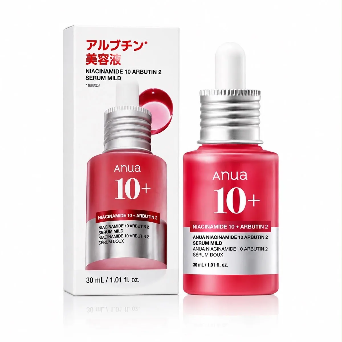 Anua Niacinamide 10% + Arbutin 2% Serum Mild, envase cerrado sobre fondo claro