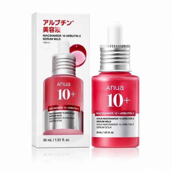 Anua Niacinamide 10% + Arbutin 2% Serum Mild, envase cerrado sobre fondo claro