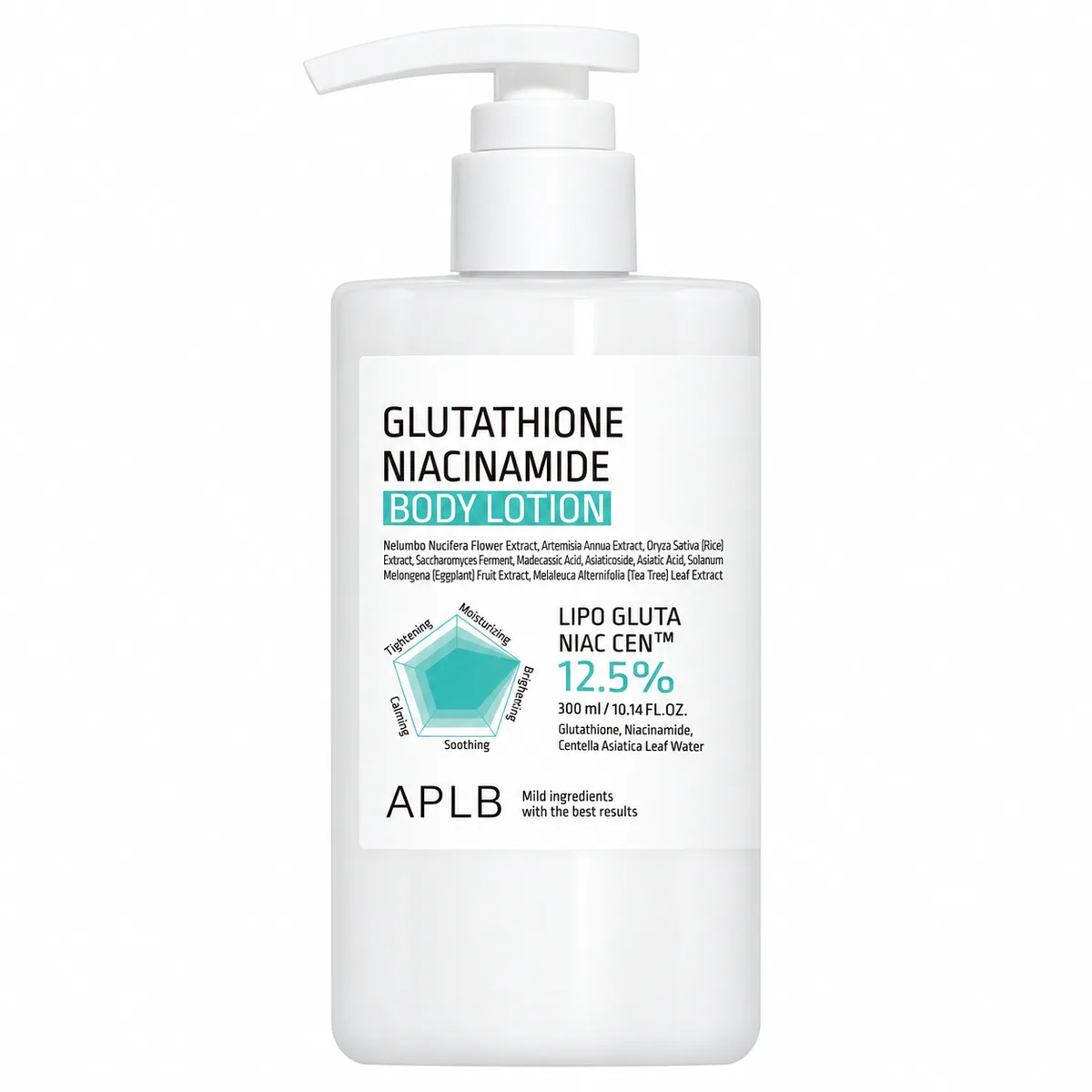 APLB Glutathione Niacinamide Body Lotion, botella blanca con dosificador sobre fondo blanco
