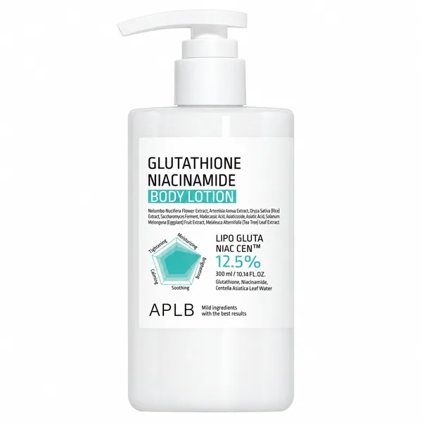 APLB Glutathione Niacinamide Body Lotion, botella blanca con dosificador sobre fondo blanco