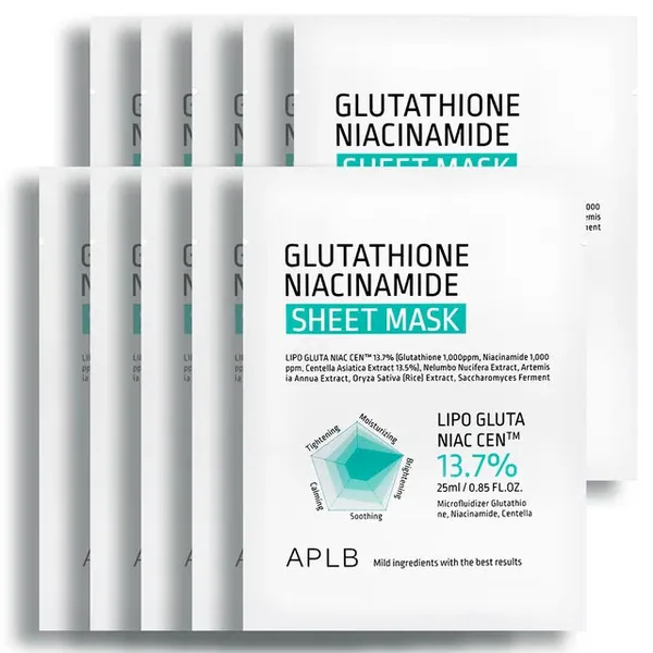 APLB Glutathione Niacinamide Sheet Mask, envase cerrado sobre fondo claro