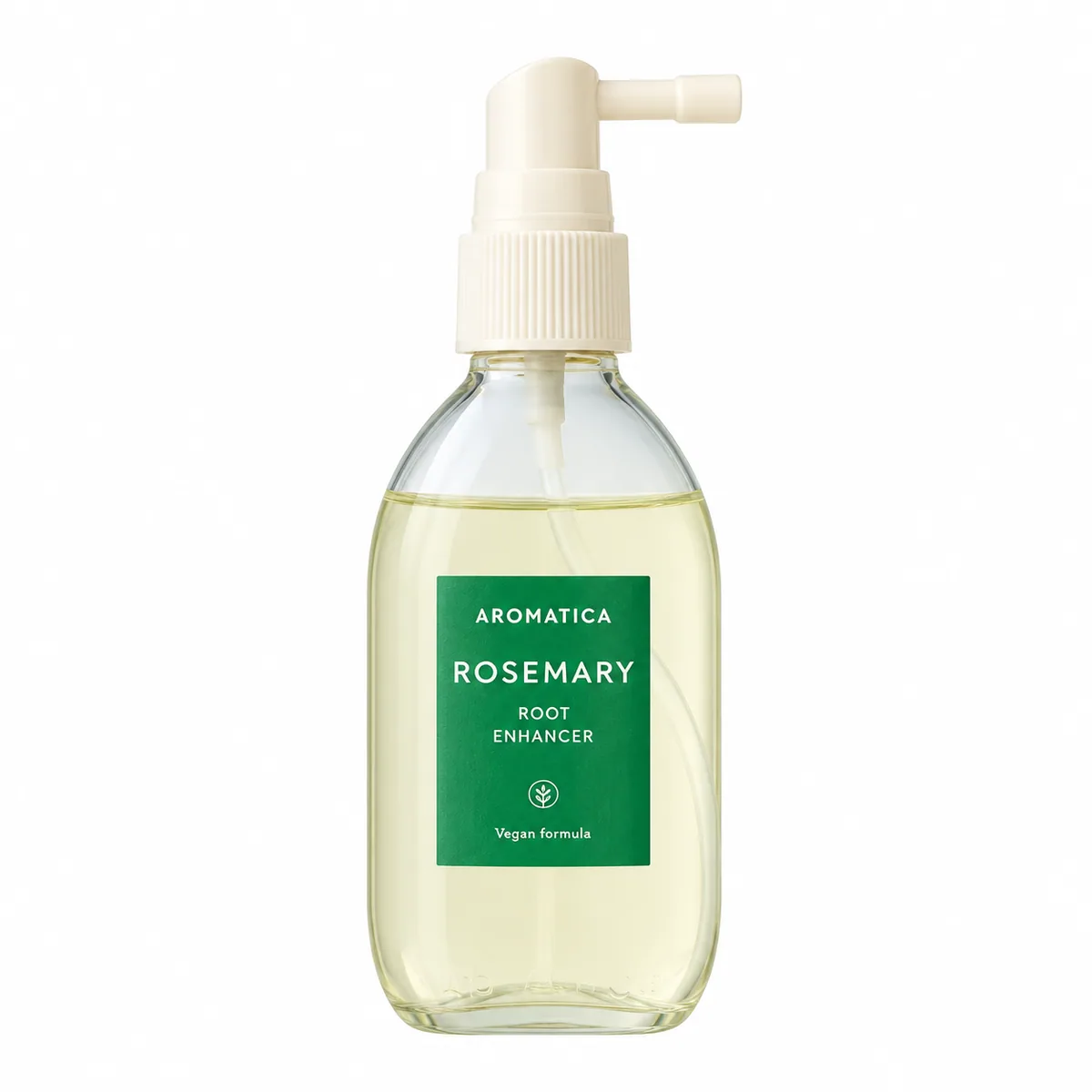 AROMATICA Rosemary Root Enhancer, botella de vidrio con aplicador de boquilla sobre fondo blanco