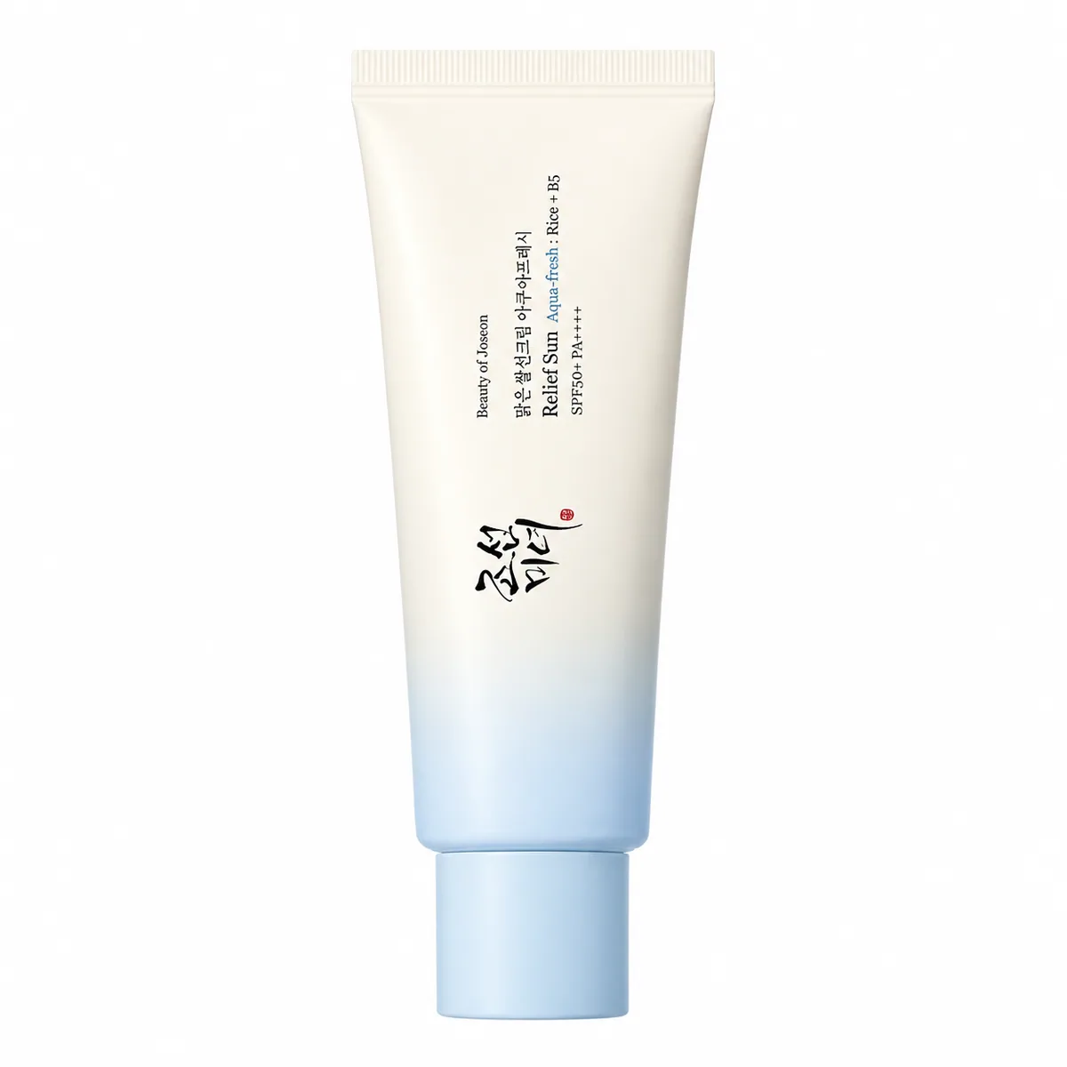 Beauty of Joseon Relief Sun Aqua-fresh: Rice + B5 SPF50+ PA++++, tubo blanco y azul cerrado sobre fondo blanco