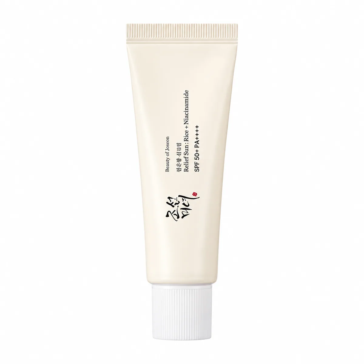 Beauty of Joseon Relief Sun: Rice + Probiotics SPF50+ PA++++, tubo color crema cerrado sobre fondo blanco
