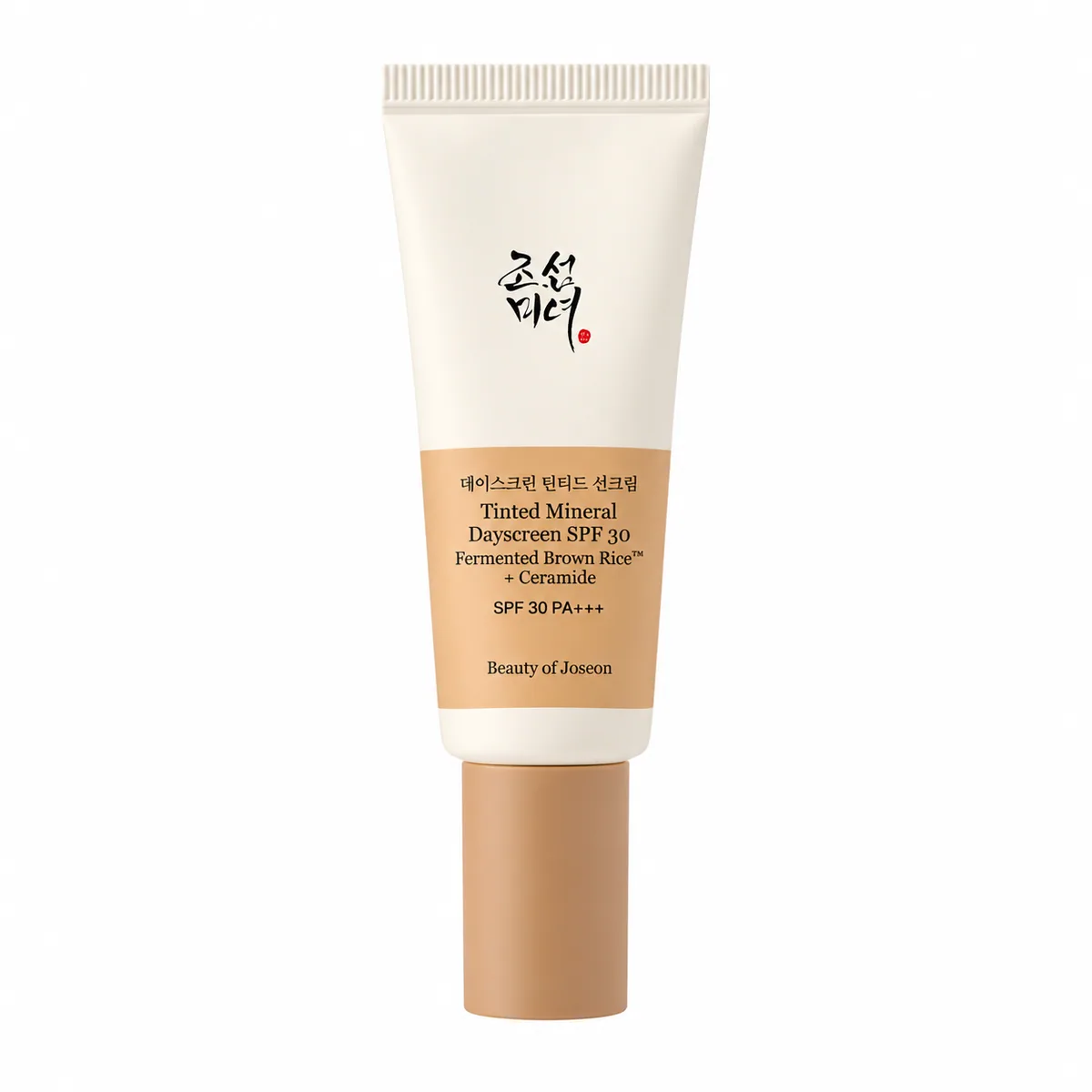 Beauty of Joseon Tinted Mineral Dayscreen SPF 30 PA+++ #33N Medium Neutral, tubo blanco y arena sobre fondo blanco
