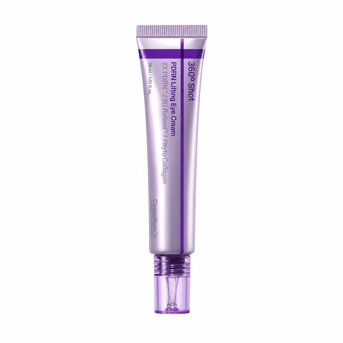 Centellian24 360° Shot PDRN Lifting Eye Cream, tubo morado cerrado sobre fondo blanco