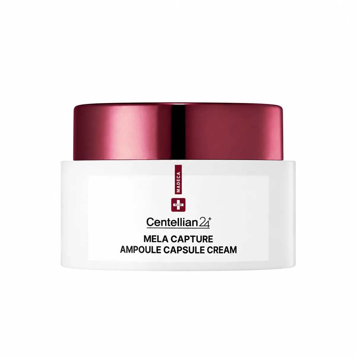Centellian24 Madeca Mela Capture Ampoule Capsule Cream, tarro blanco con tapa guinda cerrado sobre fondo blanco