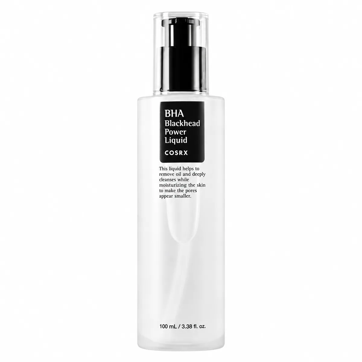 COSRX BHA Blackhead Power Liquid, botella translúcida con dosificador negro sobre fondo blanco
