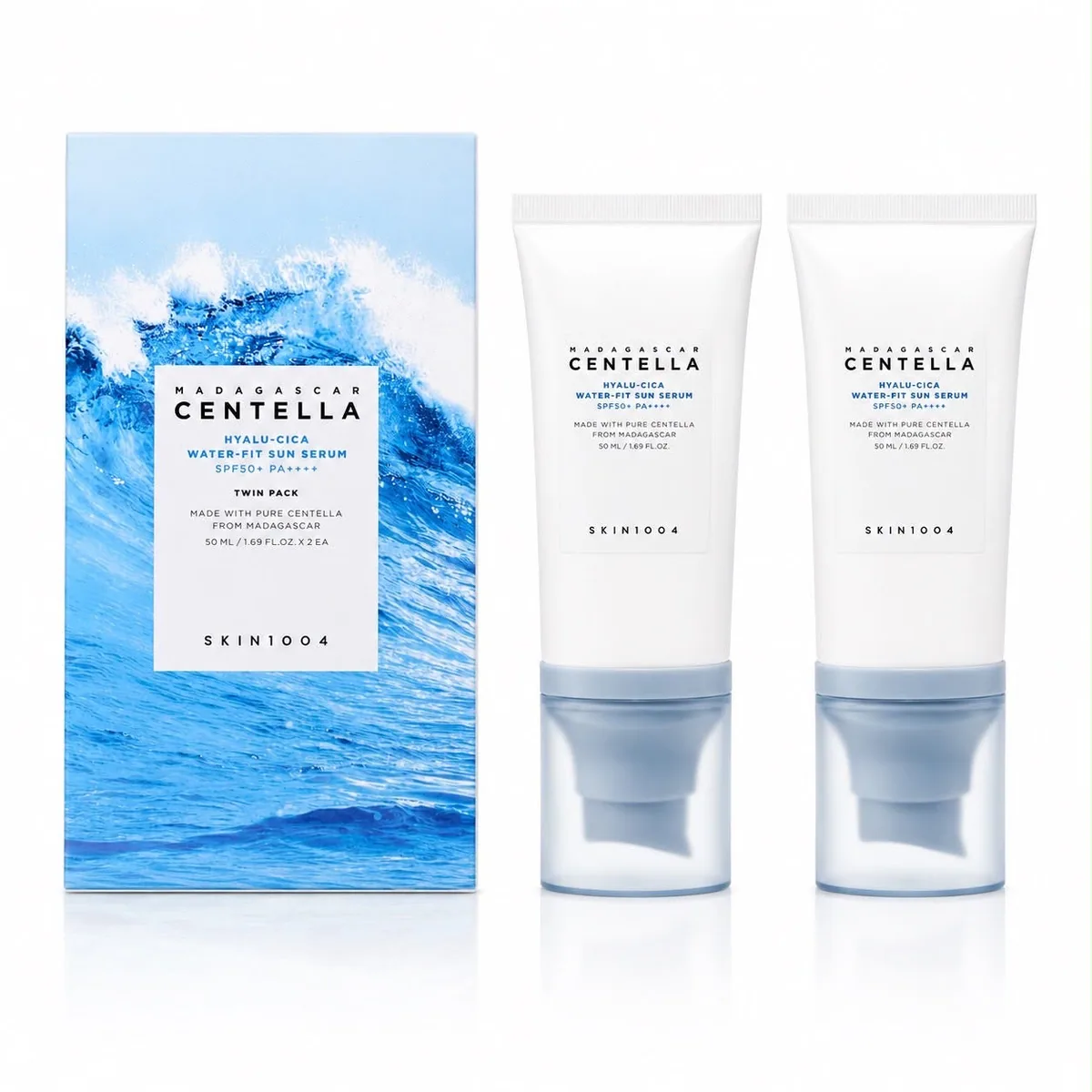 SKIN1004 Madagascar Centella Hyalu-Cica Water-Fit Sun Serum SPF50+, envase cerrado