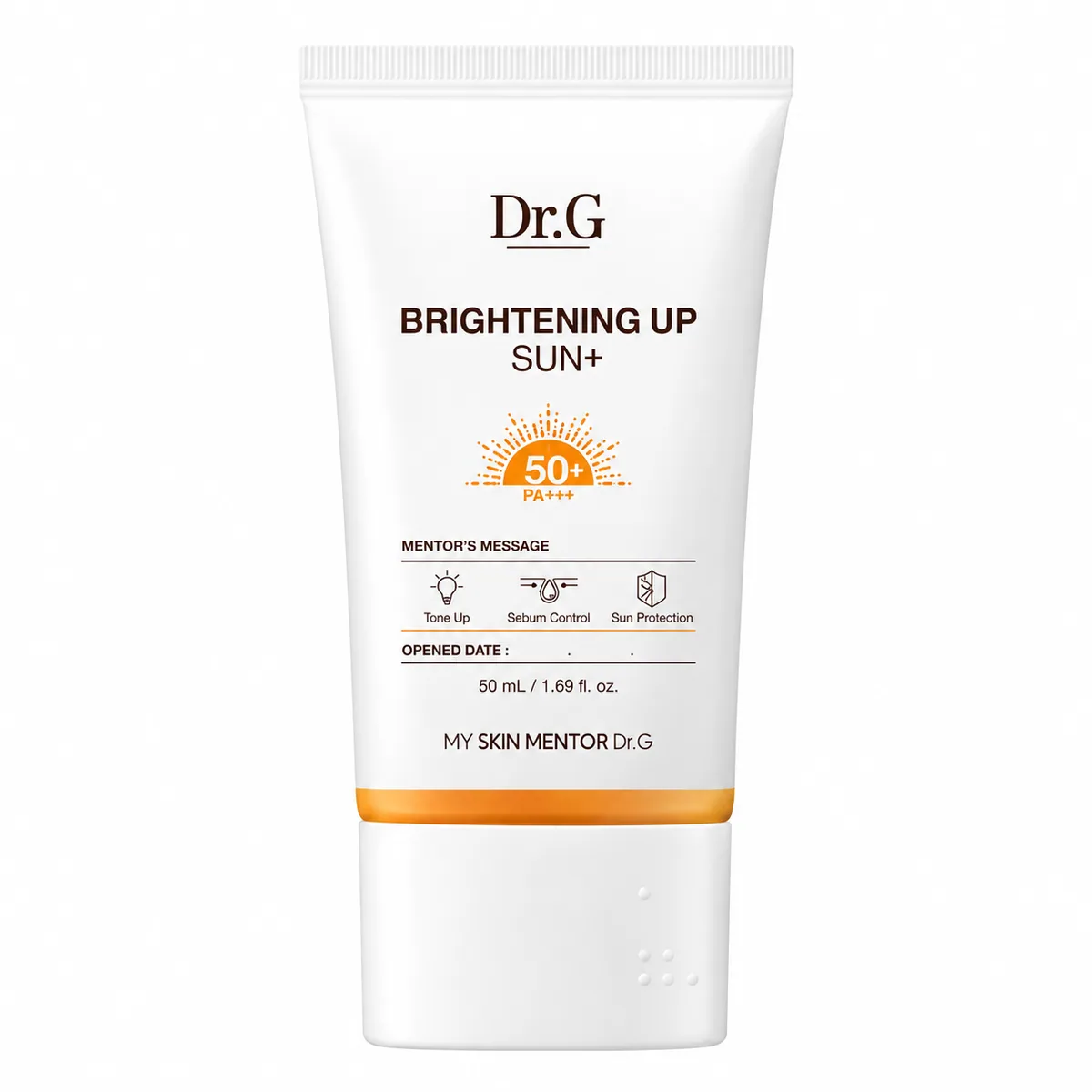Dr.G Brightening Up Sun+ SPF50+ PA+++, tubo blanco con franja naranja sobre fondo blanco
