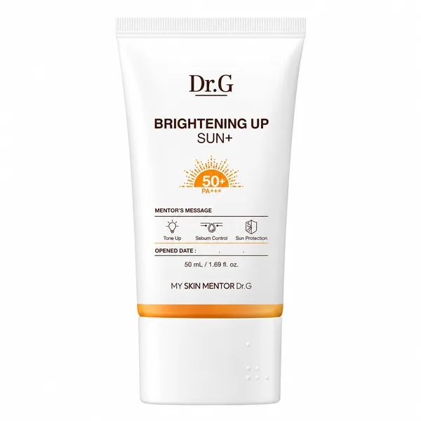 Dr.G Brightening Up Sun+ SPF50+ PA+++, tubo blanco con franja naranja sobre fondo blanco