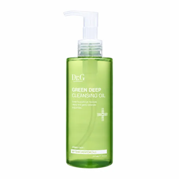 Dr.G Green Deep Cleansing Oil, botella verde con dosificador sobre fondo blanco