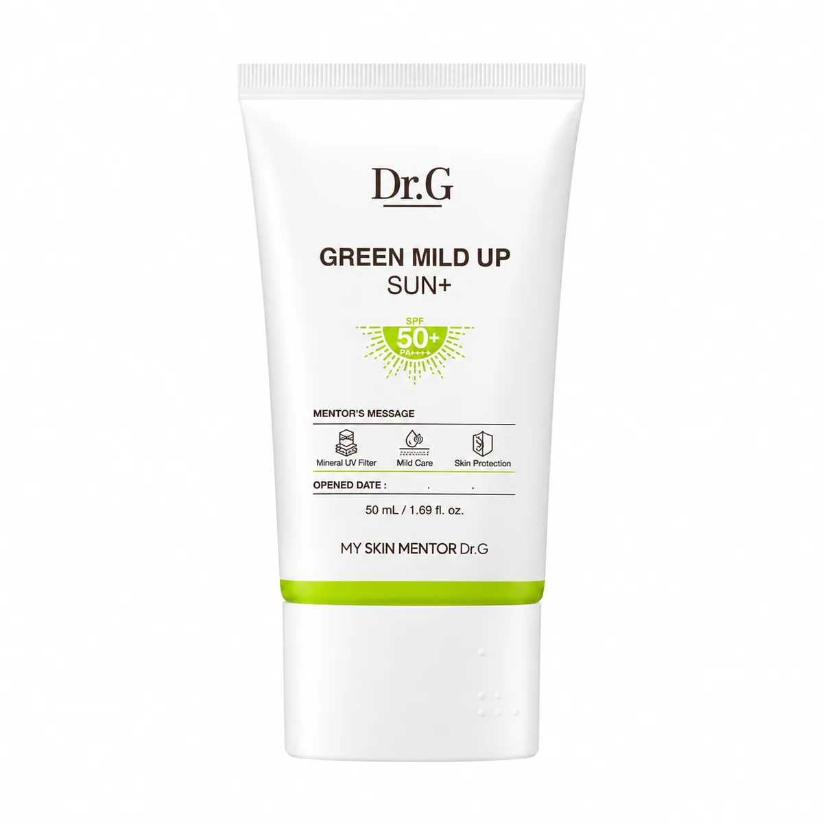 Dr.G Green Mild Up Sun+ SPF50+ PA++++, tubo blanco con franja verde limón sobre fondo blanco