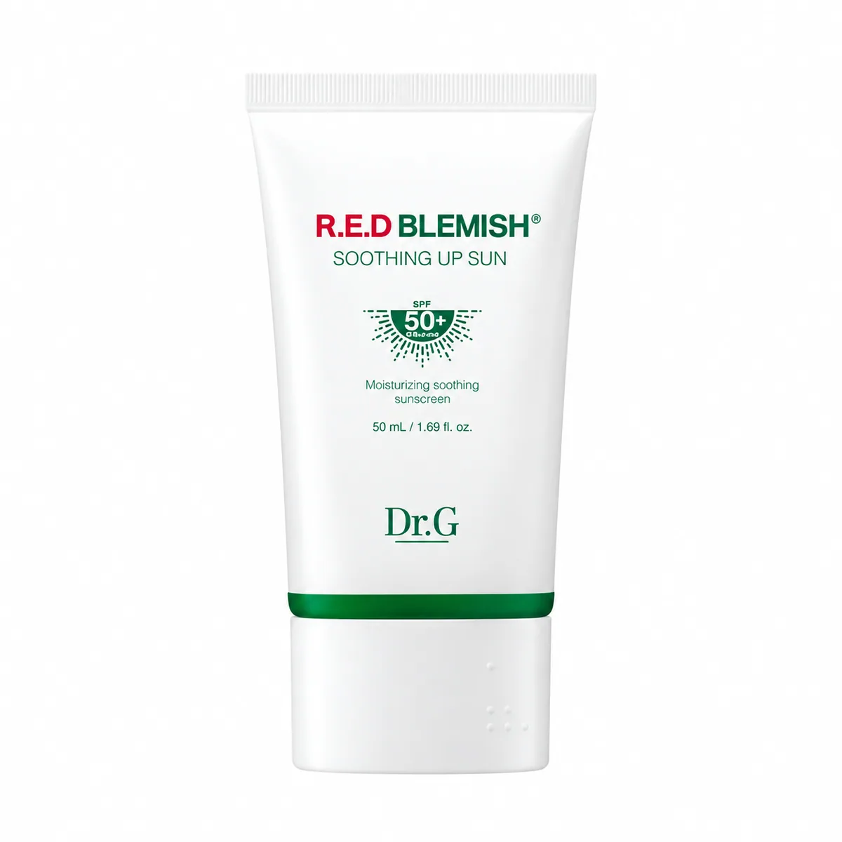 Dr.G R.E.D Blemish Soothing Up Sun SPF50+ PA++++, tubo blanco con franja verde sobre fondo blanco