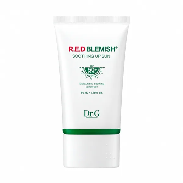 Dr.G R.E.D Blemish Soothing Up Sun SPF50+ PA++++, tubo blanco con franja verde sobre fondo blanco