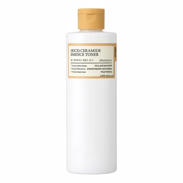 FULLY Rice Ceramide Essence Toner, frasco cerrado sobre fondo blanco