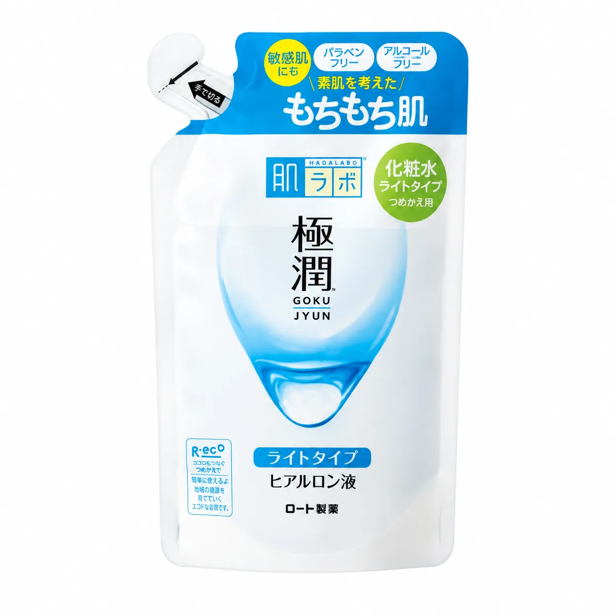 Hada Labo Gokujyun Hyaluronic Acid Lotion Refill Light, bolsa de repuesto cerrada sobre fondo blanco
