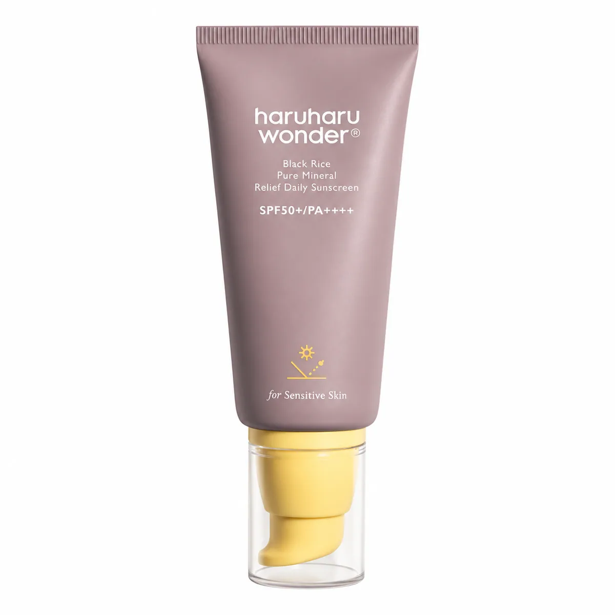 haruharu wonder Black Rice Pure Mineral Relief Daily Sunscreen SPF50+ PA++++, tubo malva con dosificador cerrado sobre fondo blanco