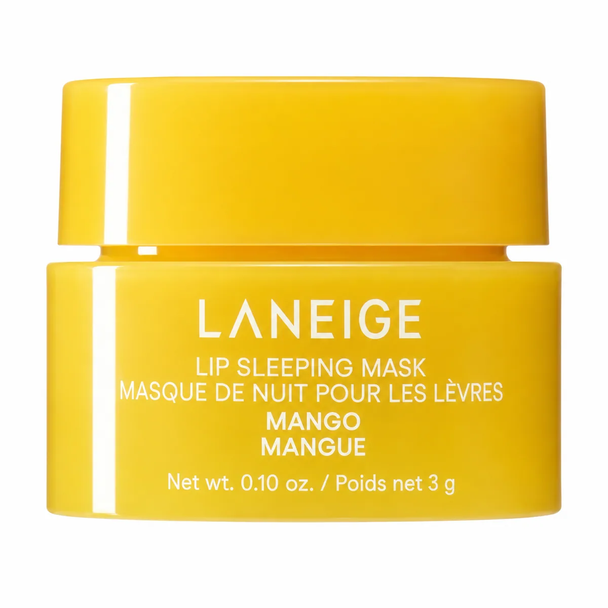 LANEIGE Lip Sleeping Mask Mango, tarro amarillo cerrado sobre fondo blanco
