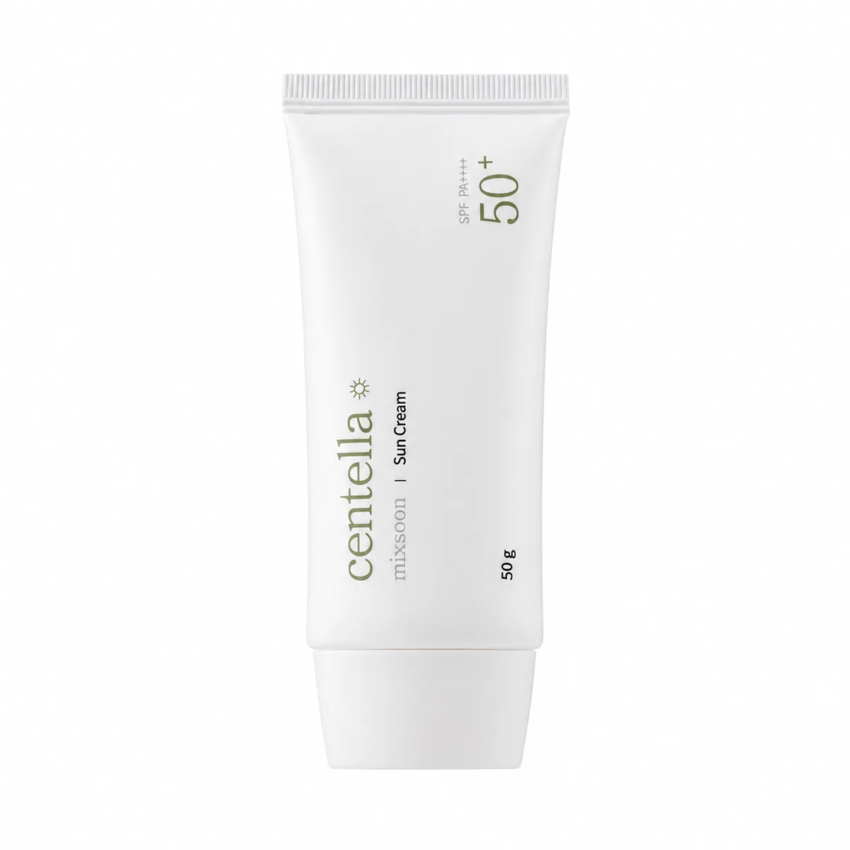 Mixsoon Centella Sun Cream SPF50+ PA++++, tubo blanco cerrado sobre fondo blanco