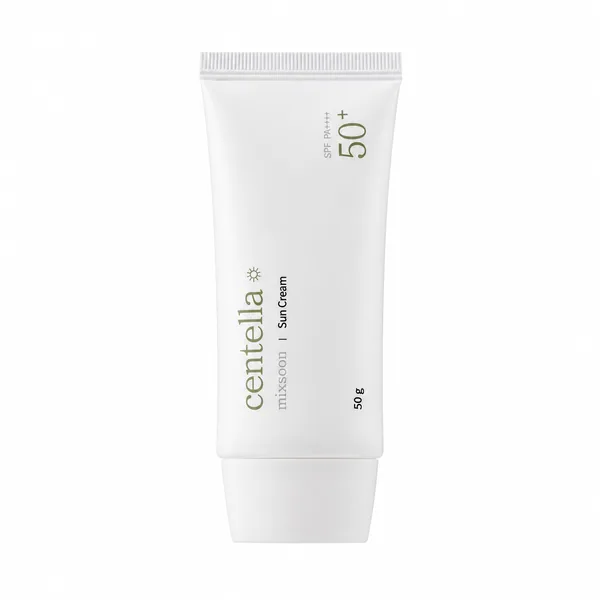 Mixsoon Centella Sun Cream SPF50+ PA++++, tubo blanco cerrado sobre fondo blanco