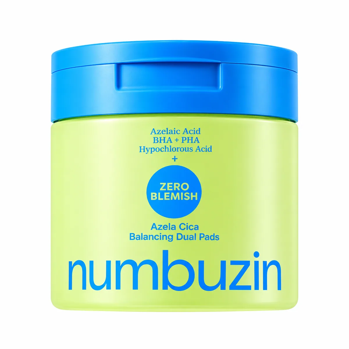 numbuzin Zero Blemish Azela Cica Balancing Dual Pads, tarro verde lima con tapa azul sobre fondo blanco