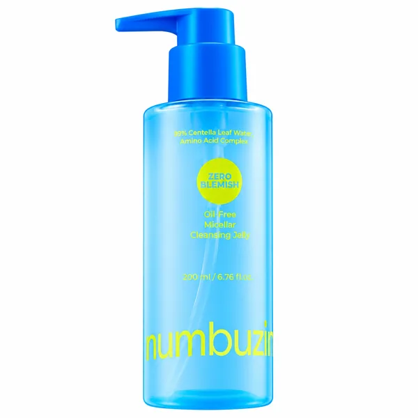 numbuzin Zero Blemish Oil-Free Micellar Cleansing Jelly, botella azul con dosificador sobre fondo blanco