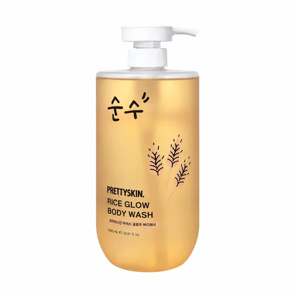PRETTYSKIN Rice Glow Body Wash, botella de un litro con dosificador sobre fondo blanco