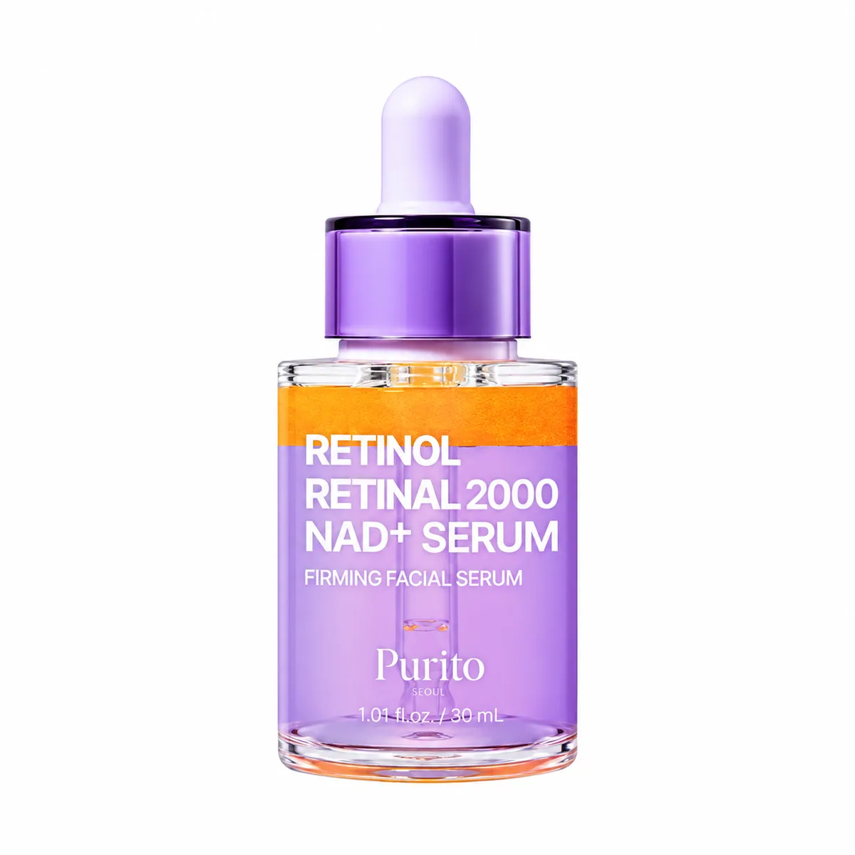 Purito Seoul Retinol Retinal 2000 NAD+ Serum, frasco gotero morado cerrado sobre fondo blanco