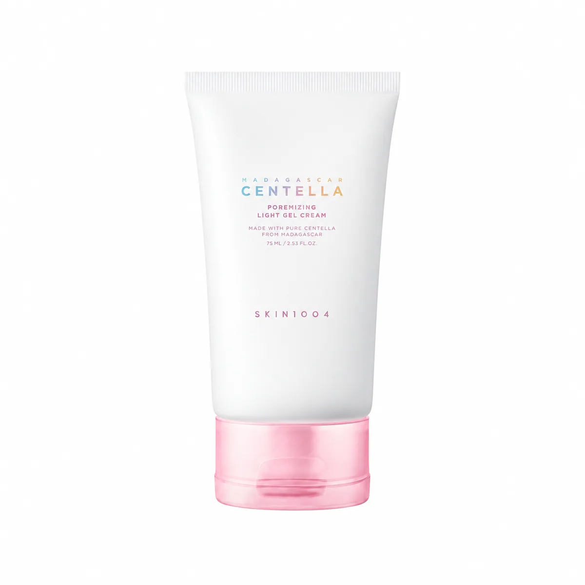 SKIN1004 Madagascar Centella Poremizing Light Gel Cream, tubo blanco con tapa rosa cerrado sobre fondo blanco