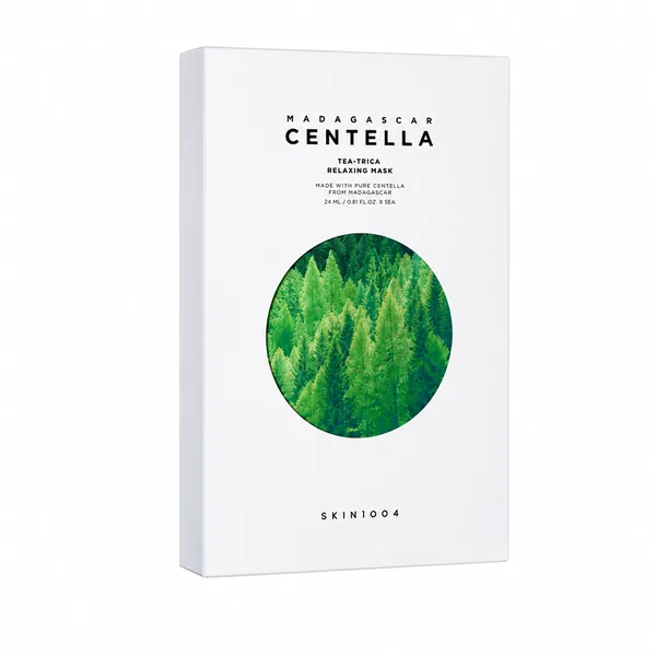 SKIN1004 Madagascar Centella Tea-Trica Relaxing Mask, envase cerrado sobre fondo claro